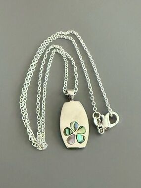 Sterling Silver Mexico Vintage Pendant Inlay Abalone w/ New Sterling Plate Chain